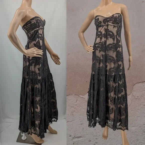 Vintage y2k Newport News Strapless Gown Black Lace Dress Prom Whimsygoth Size 8 - Picture 2 of 12